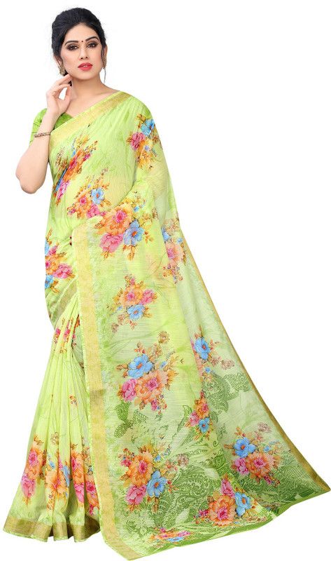 Digital Print Daily Wear Cotton Linen Saree  (Green)