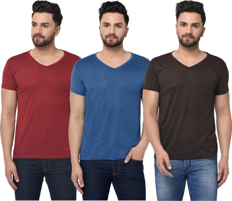 Pack of 3 Men Solid V Neck Cotton Blend Dark Blue, Brown, Maroon T-Shirt