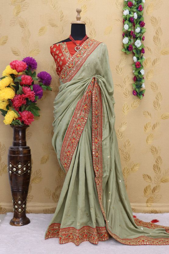Embroidered Bollywood Art Silk Saree  (Dark Green)