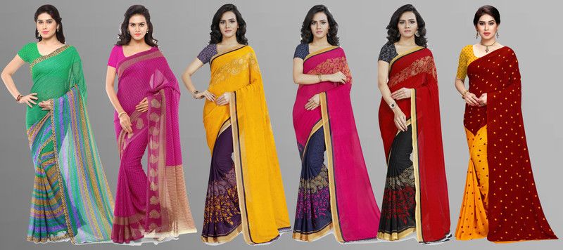 Paisley, Ombre, Geometric Print, Graphic Print, Floral Print Daily Wear Georgette Saree  (Pack of 6, Multicolor)