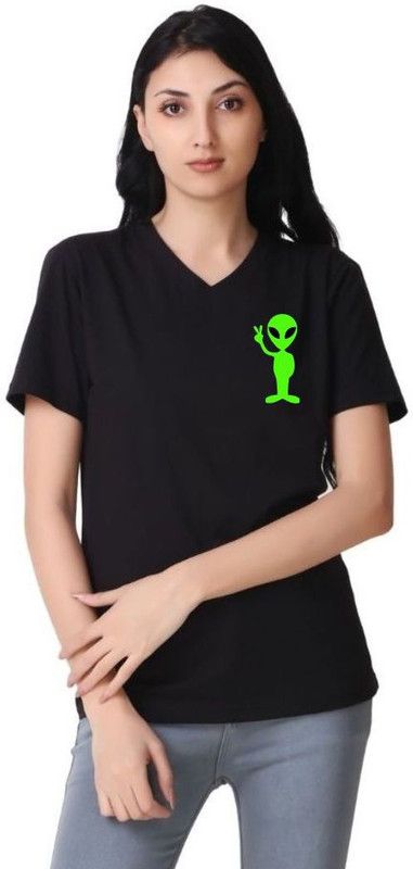Women Printed V Neck Cotton Blend Black T-Shirt