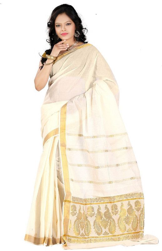 Woven Kasavu Cotton Blend Saree  (Cream)