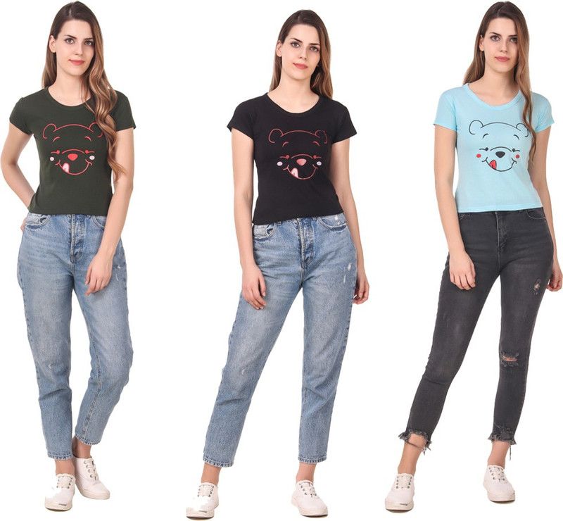 Pack of 3 Women Printed Round Neck Cotton Blend Green, Blue, Black T-Shirt