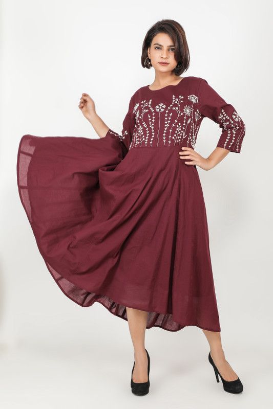 Women Embellished Pure Cotton Anarkali Kurta  (Maroon)