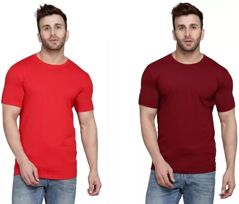 Pack of 2 Men Solid Combo Round Neck Regular Fit T-Shirt Men Solid Round Neck Pure Cotton Red, Maroon T-Shirt