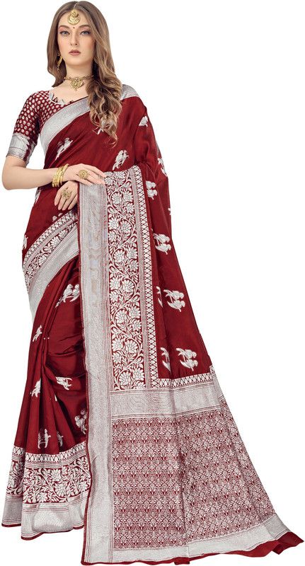 Woven Banarasi Silk Blend, Jacquard Saree  (Maroon)