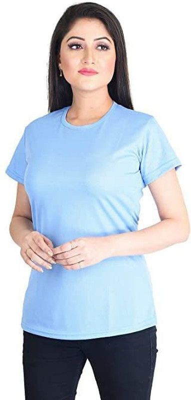Women Solid Round Neck Polyester Light Blue T-Shirt
