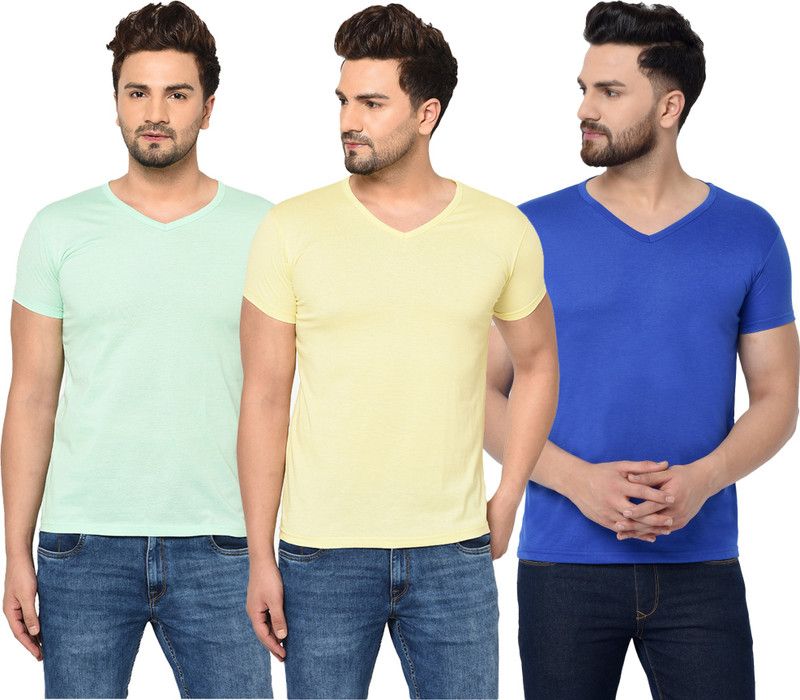 Pack of 3 Men Solid V Neck Cotton Blend Blue, Light Green, Yellow T-Shirt
