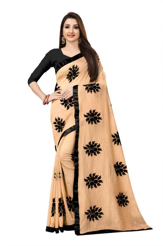 Embroidered Chanderi Cotton Blend Saree  (Cream)