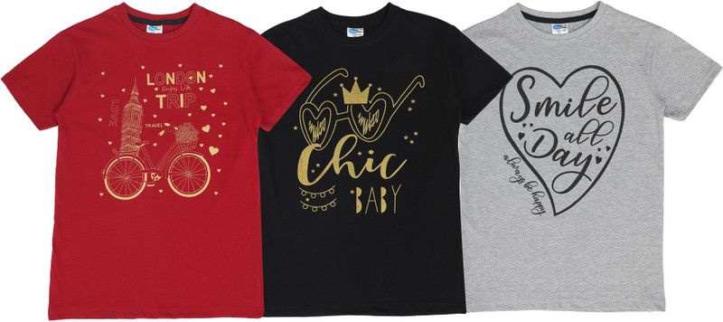 Boys & Girls Printed Pure Cotton T Shirt  (Multicolor, Pack of 3)