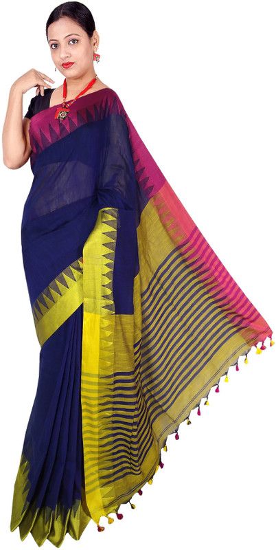 Temple Border, Solid/Plain Handloom Viscose Rayon, Pure Cotton Saree  (Blue)