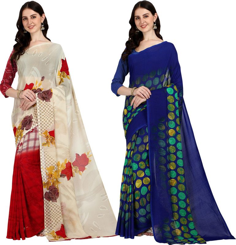 Printed Daily Wear Georgette Saree  (Pack of 2, Blue, Pink)