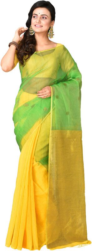 Striped Handloom Tissue, Cotton Silk Saree  (Green, Yellow)