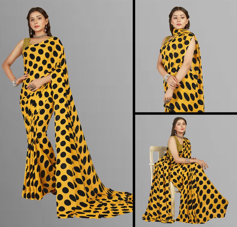 Polka Print Daily Wear Georgette Saree  (Black, Yellow)