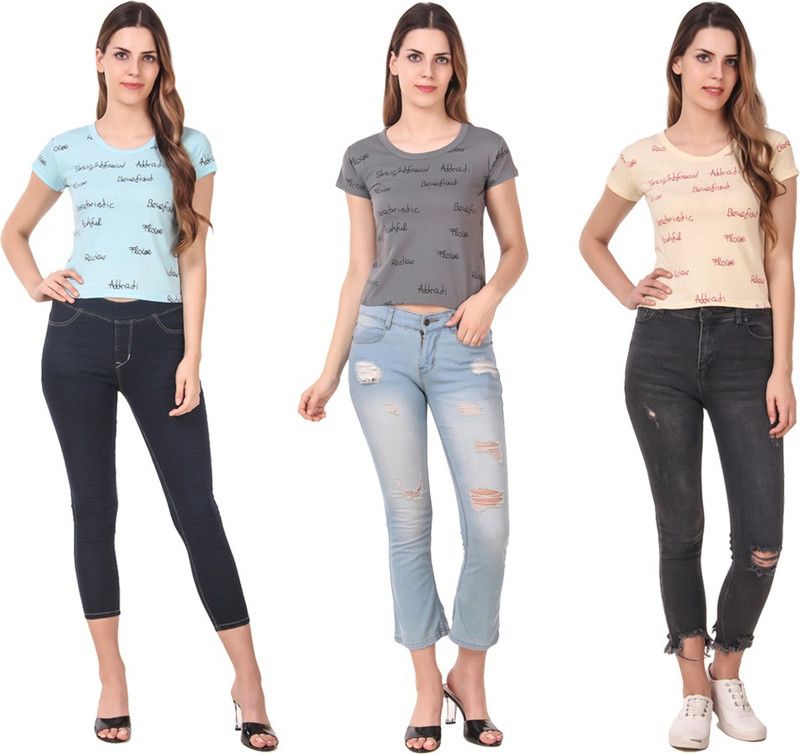 Pack of 3 Women Typography Round Neck Cotton Blend Light Blue, Grey, Beige T-Shirt