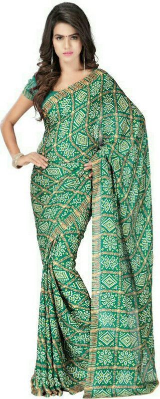 Printed Bandhani Crepe Saree  (Multicolor, Light Green)