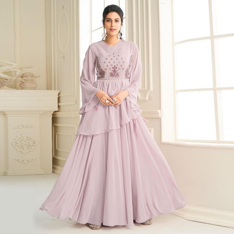 Women Embroidered Georgette Gown Kurta  (Red)