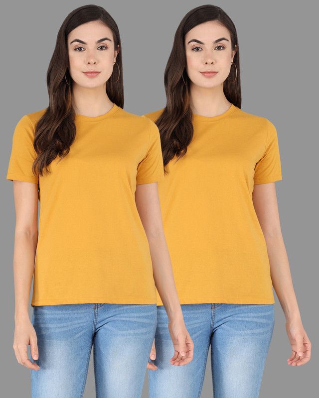 Pack of 2 Women Solid Round Neck Pure Cotton Yellow T-Shirt