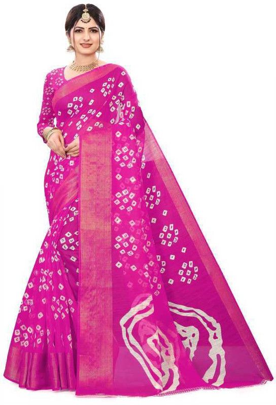 Printed Bandhani Cotton Silk Saree  (Pink)