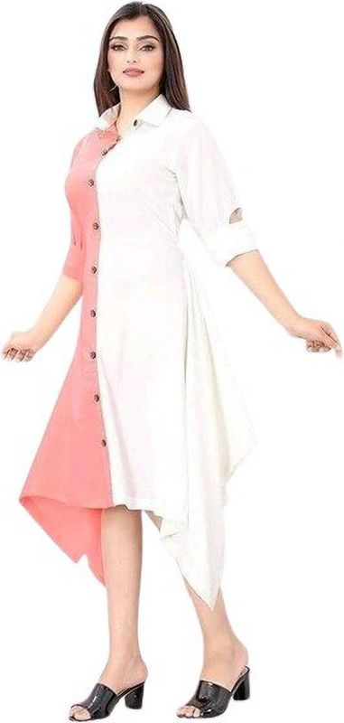 Women Colorblock Crepe Asymmetric Kurta  (Red)