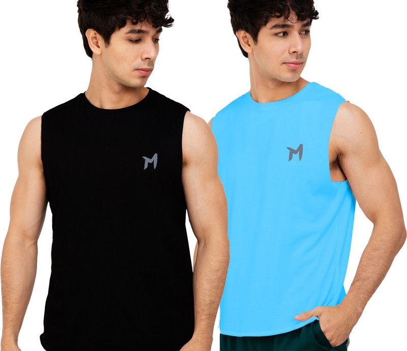 Pack of 2 Men Solid Round Neck Cotton Blend Light Blue, Black T-Shirt