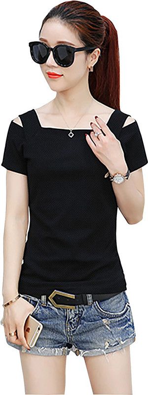 Casual Cold Shoulder Sleeves Self Design Women Black Top