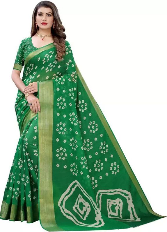 Geometric Print Bandhani Cotton Blend Saree  (Green)