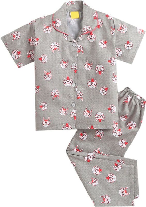 Girls Animal Print Pure Cotton Kids Nightwear  (Grey Pack of 1)