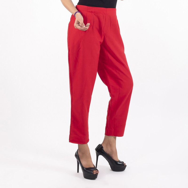 Women Skinny Fit Red Cotton Blend Trousers