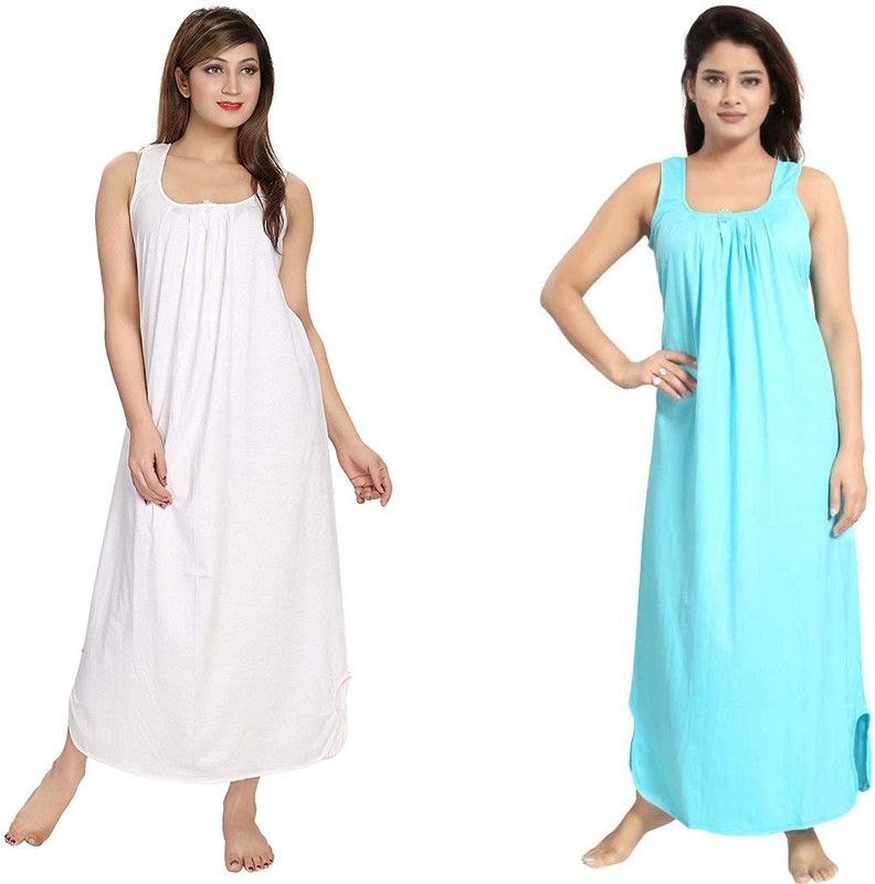 Pack of 2 Women Nighty  (White, Light Blue)