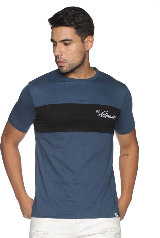 Casual Tshirt for men Men Colorblock Round Neck Cotton Blend Blue T-Shirt