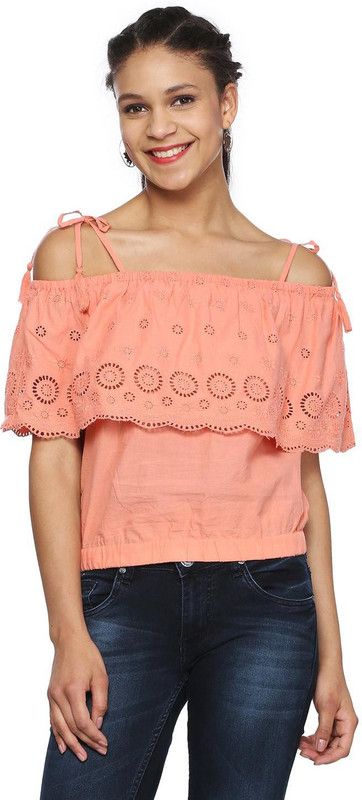 Casual Noodle Straps Solid Women Orange Top