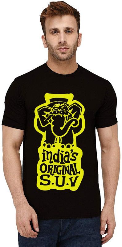 India's Original Suv Men Graphic Print Round Neck Pure Cotton Black T-Shirt