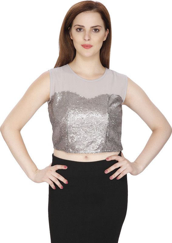 Party Sleeveless Embellished, Solid Women Silver Top