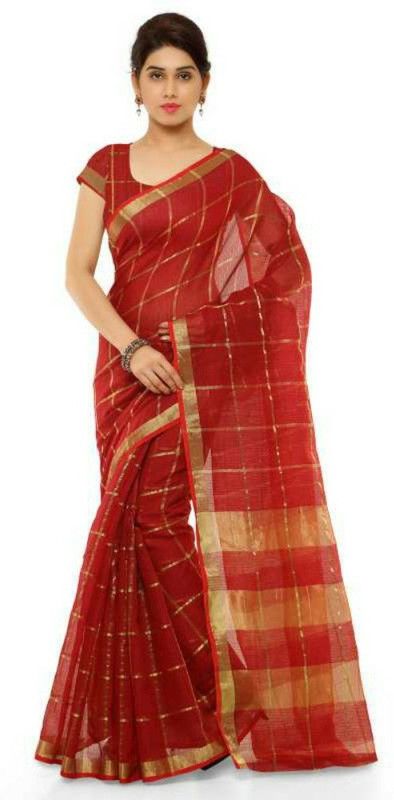 Checkered Banarasi Cotton Blend Saree  (Multicolor)