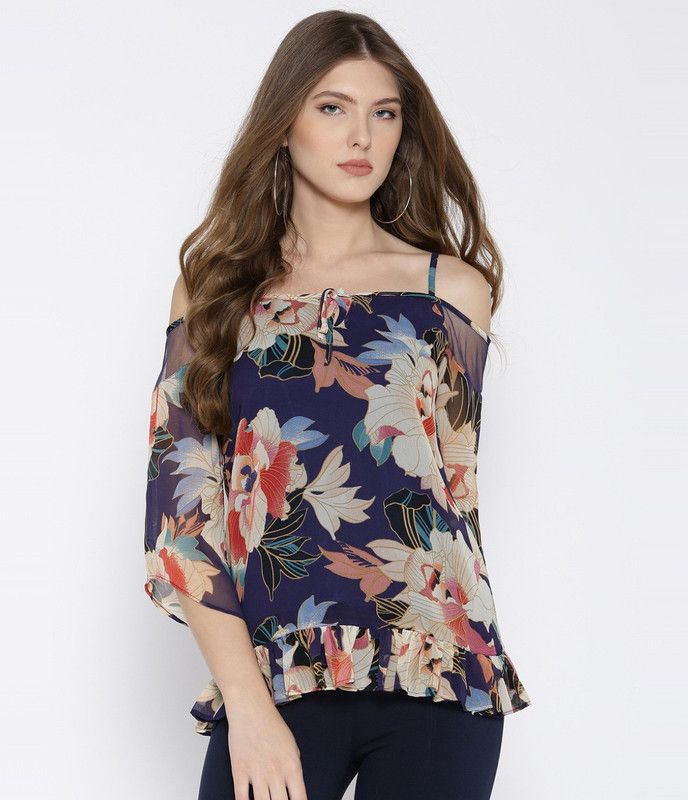 Casual Shoulder Straps Printed Women Blue, Beige Top