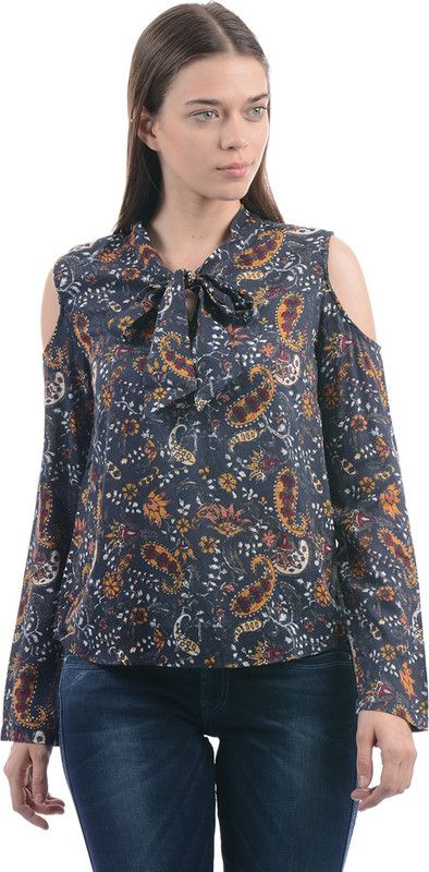 Casual Cold Shoulder Sleeves Ethnic Motifs Women Dark Blue, Red, Yellow Top
