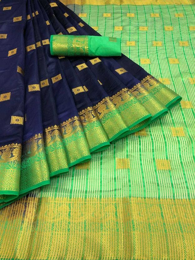 Self Design Banarasi Jacquard Saree  (Blue, Light Green)