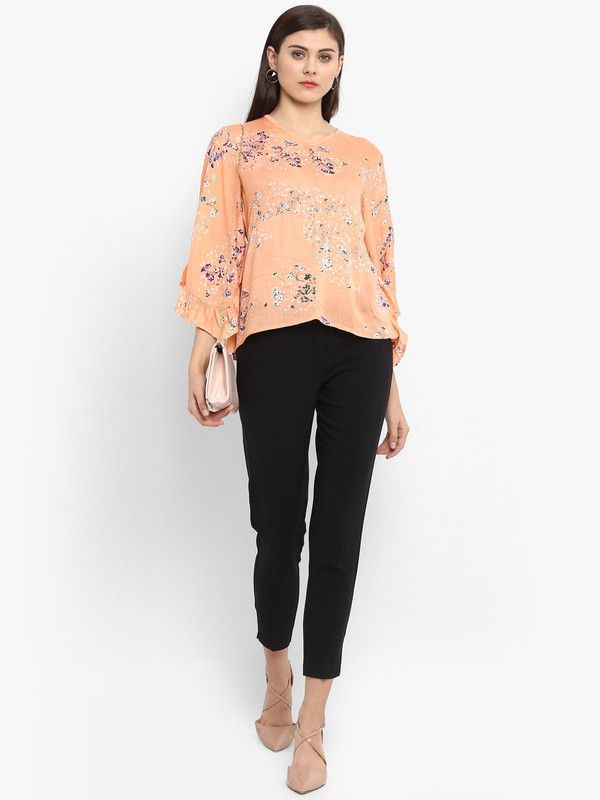 Casual Flared Sleeves Printed Women Orange Top
