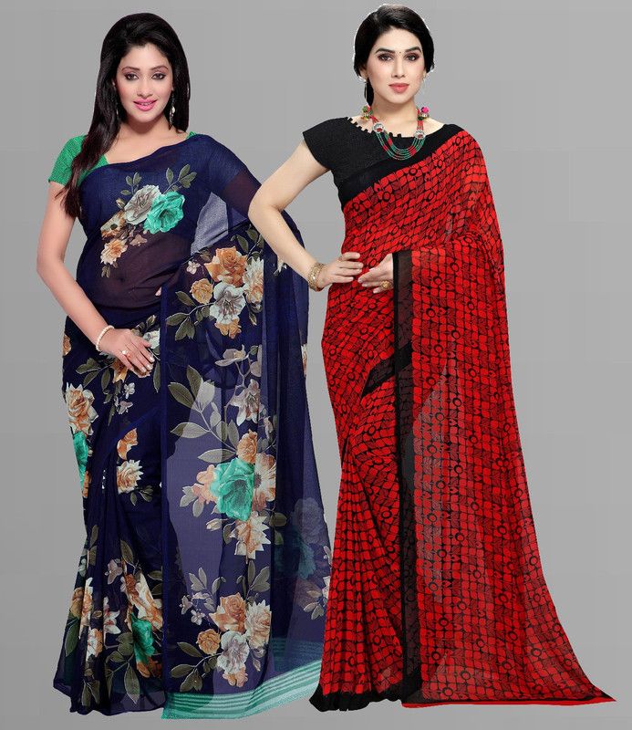 Paisley, Ombre, Floral Print, Polka Print Daily Wear Georgette Saree  (Pack of 2, Dark Blue, Red)