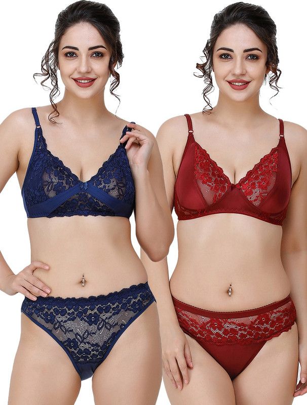 Bra & Panty Set Self Design Dark Blue, Maroon Lingerie Set