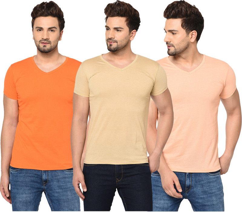 Pack of 3 Men Solid V Neck Cotton Blend Orange, Beige T-Shirt
