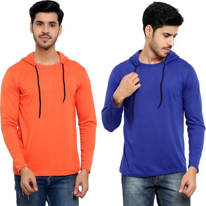 Pack of 2 HMT Men Solid Hooded Neck Cotton Blend Blue, Orange T-Shirt