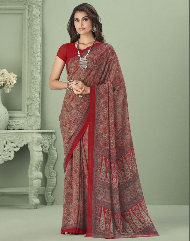 Floral Print Bollywood Georgette Saree  (Red, Multicolor)