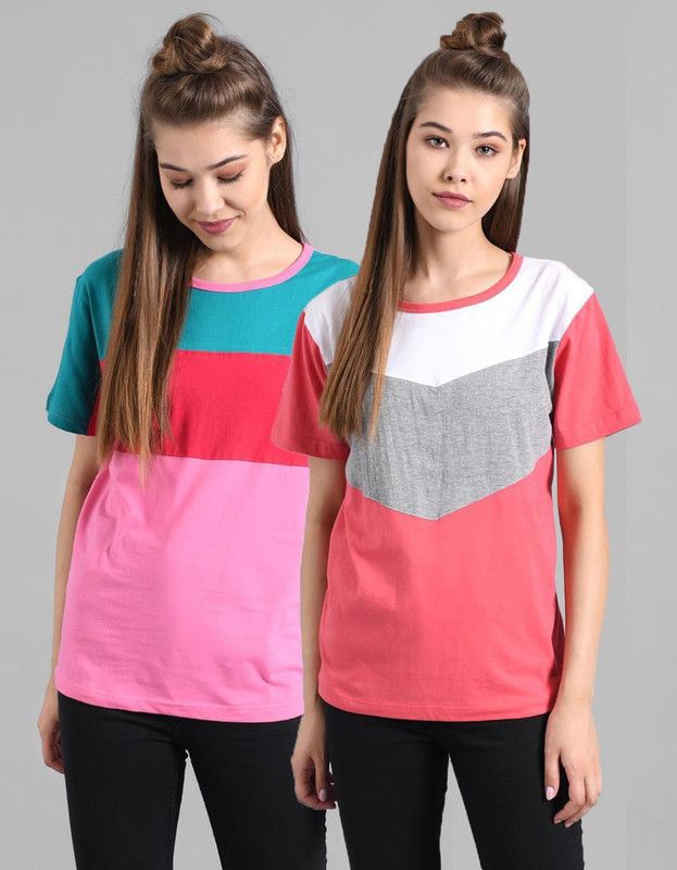 Pack of 2 Women Colorblock Round Neck Cotton Blend Multicolor T-Shirt