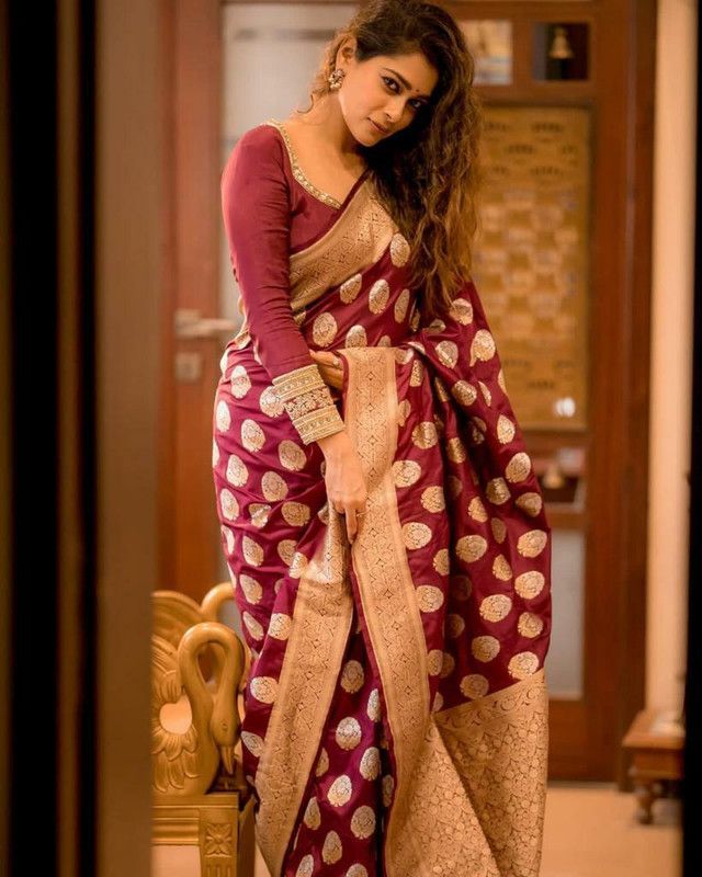 Printed Banarasi Cotton Silk Saree  (Maroon, Yellow)