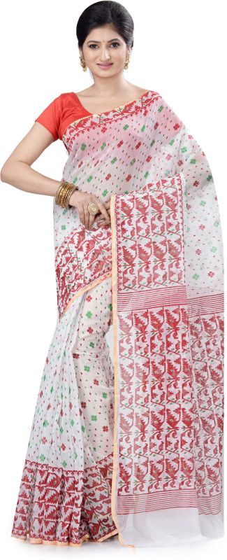 Printed Jamdani Viscose Rayon Saree  (Red, White)