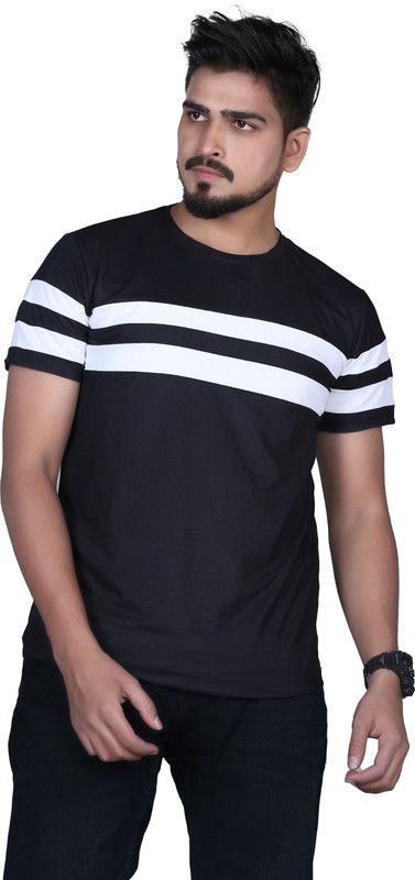 DRBTS-01 DOUBLE PATTA Men Striped Round Neck Polyester Black T-Shirt
