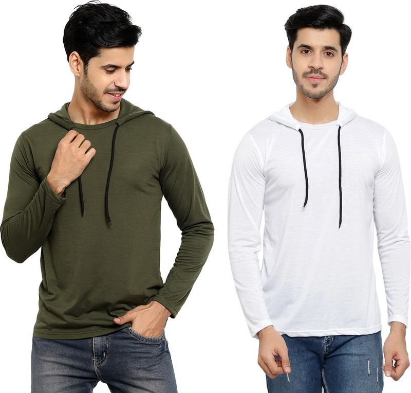 Pack of 2 Men Solid Hooded Neck Cotton Blend Green, White T-Shirt