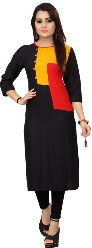 Women Colorblock Viscose Rayon Straight Kurta  (Red, Black, Yellow)